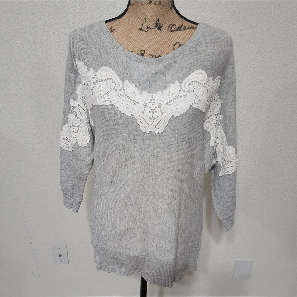 Loft grey and white lace trimmed sweater size medium